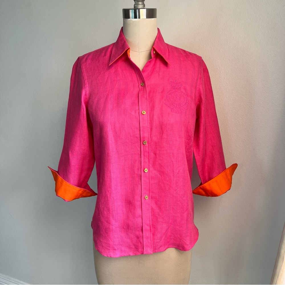 Ralph Lauren Petite Small Embroidered Crest Linen Women’s Shirt Fuchsia Pink